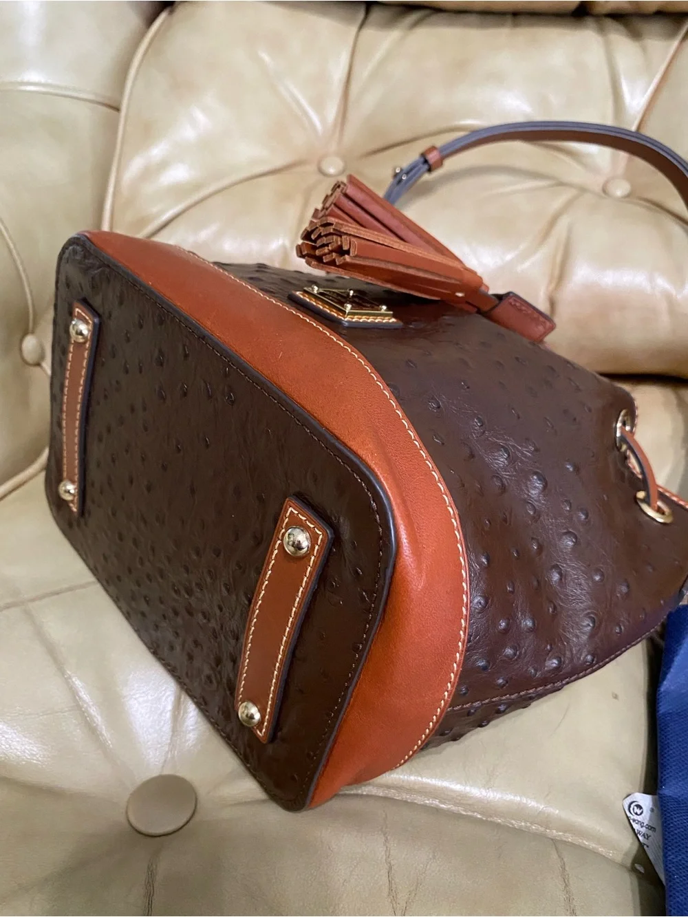 Dooney & Bourke Ostrich Small Drawstring Shoulder Bag Leather Bucket